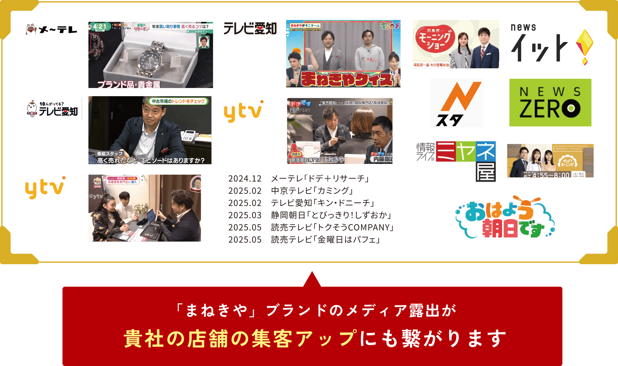 「まねきや」ブランドのメディア露出が貴社の店舗の集客アップにも繋がります